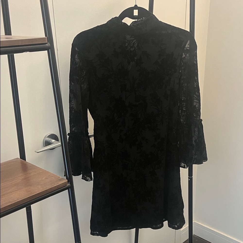 Parisian High Neck Floral Lace Dress with Flare Sleeve